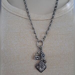 Silver Tone Charm Necklace – Love Heart & Floral Charms – Adjustable